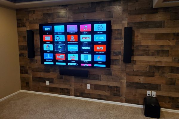 Wood Wall TV Mount & Surround Sound Speakers